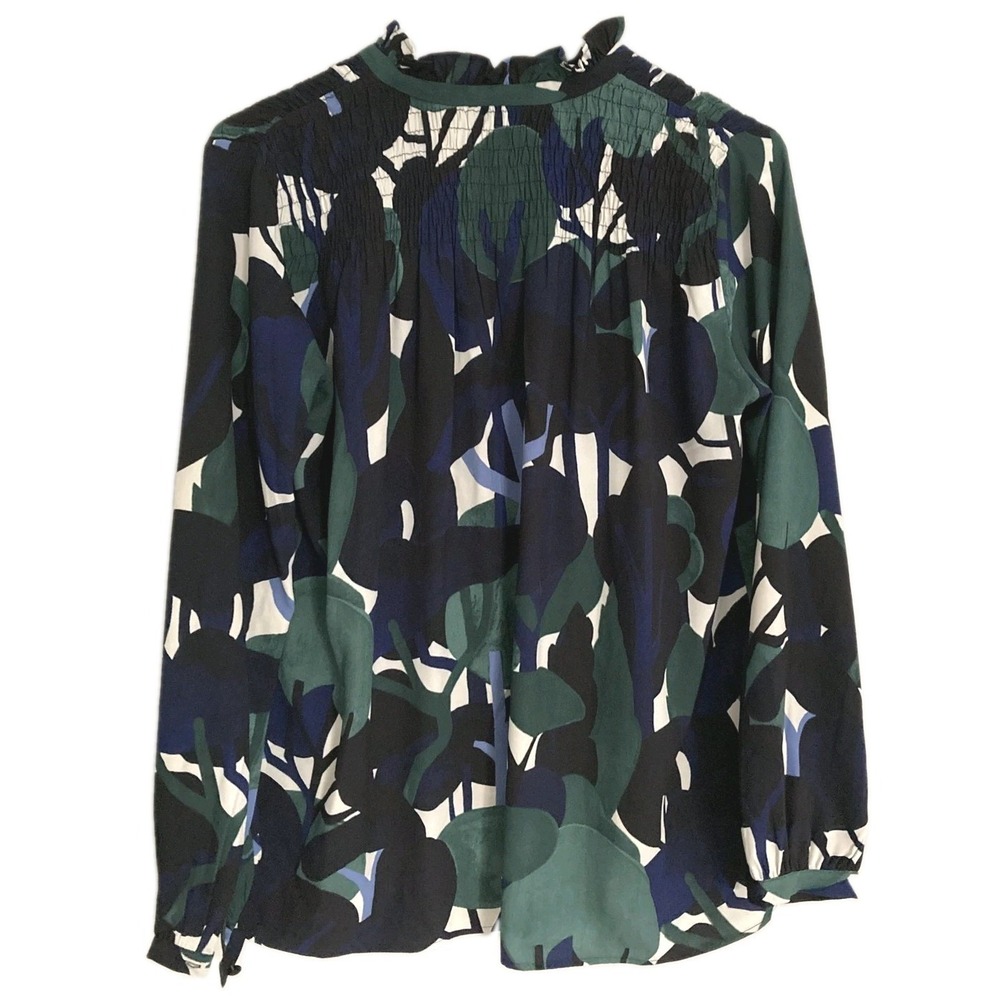 Ann Taylor Shirt Women S Petite Navy Green Printed Blouse Lng Sleeve Smocked Top